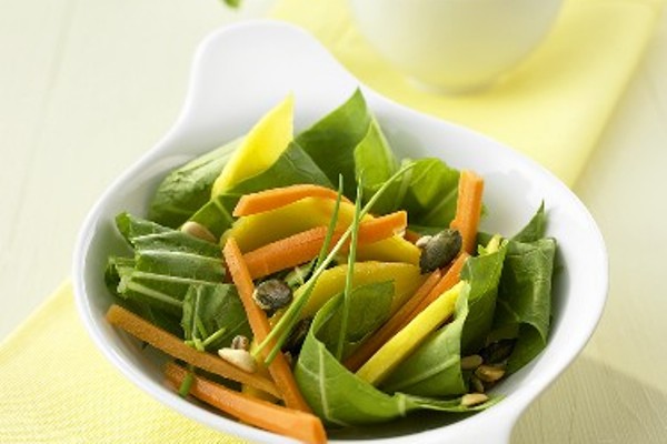 Pak choi salad with mango and carrot.