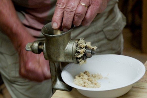 Grinding fresh horseradish in my grandmother's meat grinder. Credit: Susan Lutz