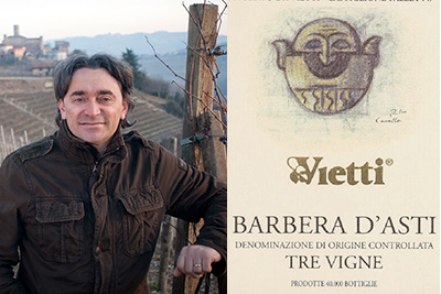 Winemaker Luca Currado and the label for 2010 Vietti Barbera d’Asti Tre Vigne. Credit: Vietti Winery