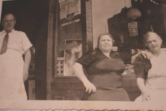 Carole Murko's grandmother and Bronx shopkeepers on a Saturday morning in the 1940s. Credit: Courtesy of the Murko family.