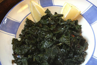 Lacinato kale braised in oil, garlic and a little chili pepper. Credit: Nancy Harmon Jenkins