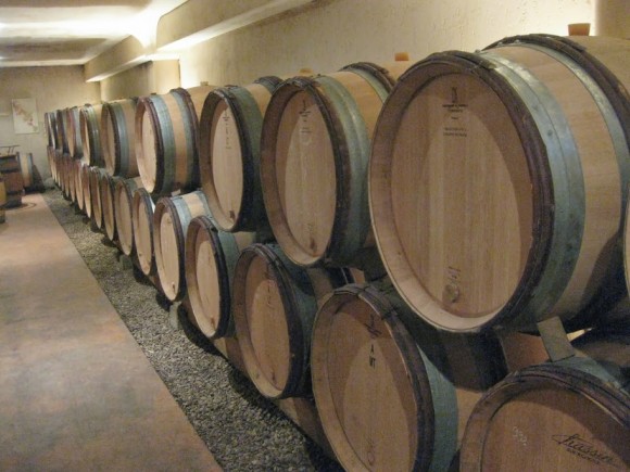 Barrels of wine at Domaine Barraud, Maconnais, Burgundy, France. Credit: Sue Style