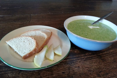 Watercress soup with bread and pear slices. Credit: Sharon Hunt