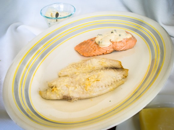 Main photo: Fish a la Archestratus with tilapia, foreground, and Salmon, Badass Cavalryman Style. Credit: Charles Perry