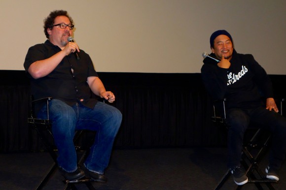 Jon Favreau and Roy Choi talk to a sold-out crowd at the ArcLight in Hollywood. Credit Chris Fager