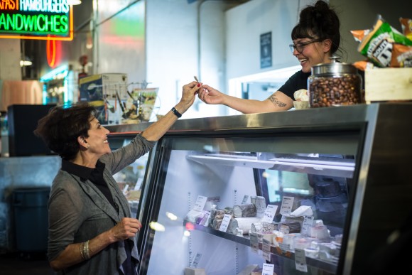 Adele Yellin, Grand Central Market owner, left, with Lydia Clarke, one of the owners of DTLA Cheese. Credit: David Crane