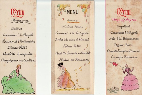 Menu cards illustrated by Monica Rawlins for dinners at her home. Credit: Monica Rawlins