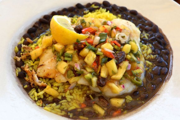 Pan-seared lionfish with rice and beans. Credit: Kathy Hunt