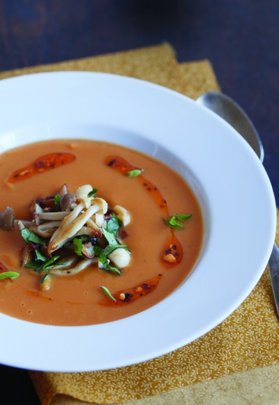 Sweet Potato Soup With Lime Leaves, Beech Mushrooms, Basil, and Peanuts. Credit: Clare Barboza