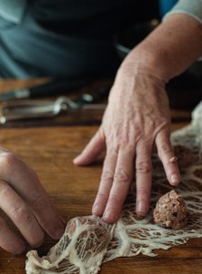 Michele Anna Jordan uses caul fat to wrap meatballs. Credit: Liza Gershman