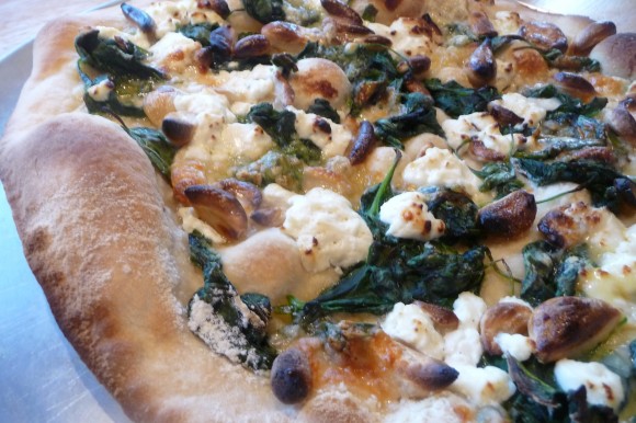Pizza with spinach, eggplant, burrata cheese, and tongue headcheese or “pizza with bile and pus.” Credit: Clifford A. Wright