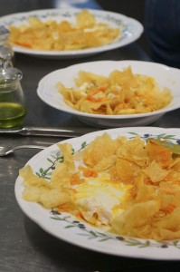 Potato chips and eggs, a Spanish tapa.