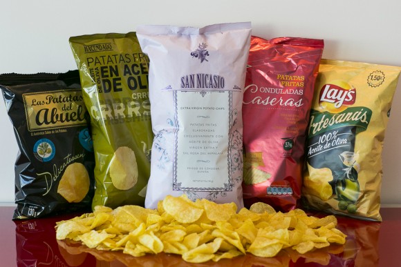 The selection of tested Spanish olive oil potato chips. Credit: Caroline J. Beck