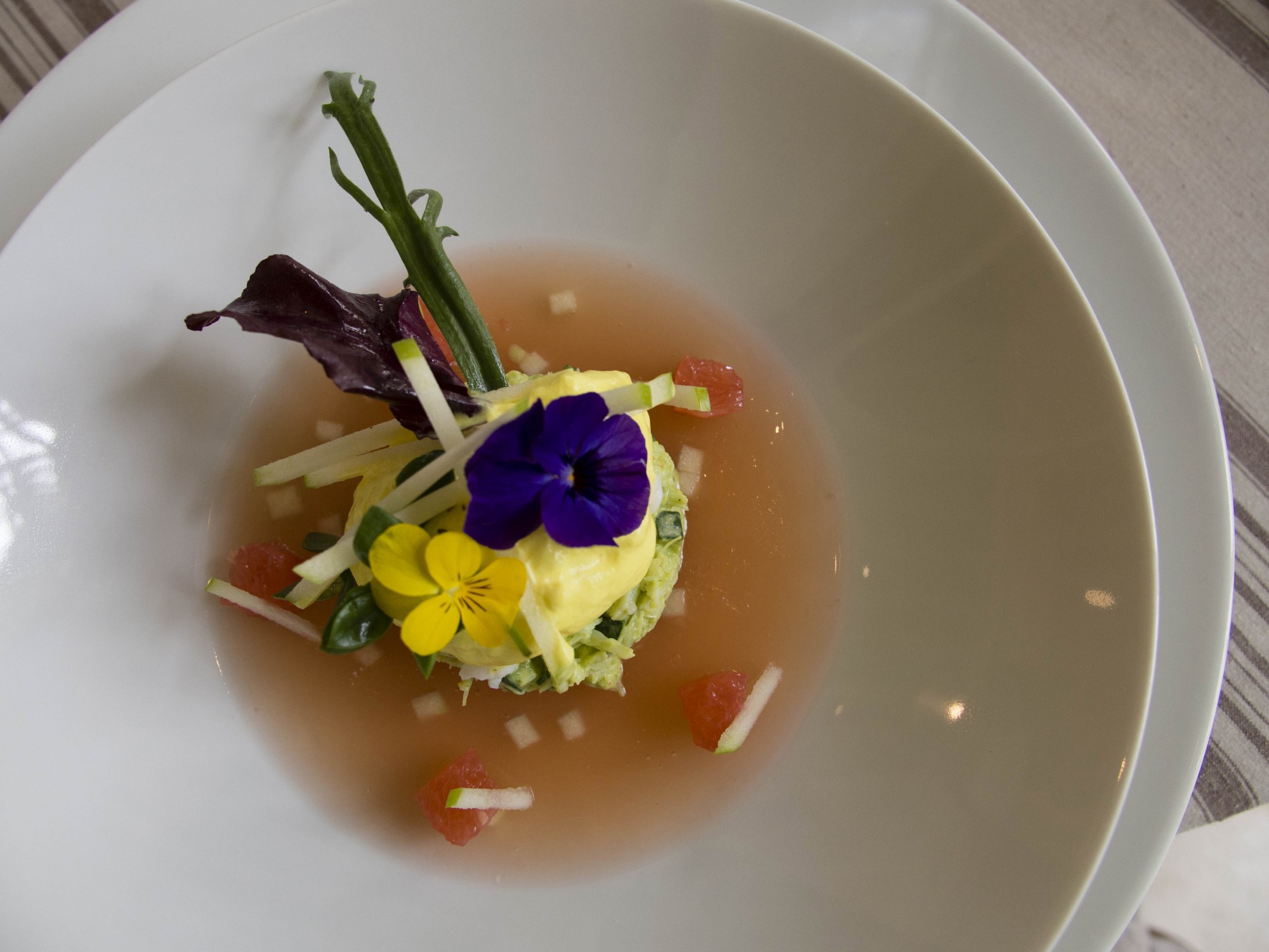 Spiced crab on grapefruit jelly with citrus mousse. Credit: Copyright 2015 Carla Capalbo