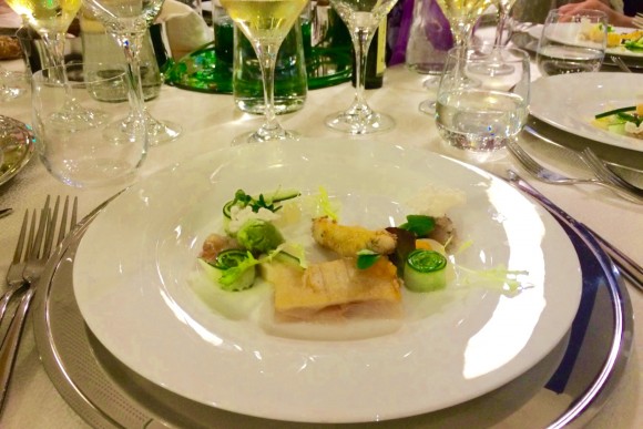 For a Fish and Chef gala at the Aqualux Hotel in Bardolino, Italy, Chub cooked three ways, with cucumber, watercress and creme fraiche, as served by Dirk Hoberg of the two Michelin-star restaurant Ophelia on Lake Constance, Germany. Credit: Copyright 2015 Clarissa Hyman