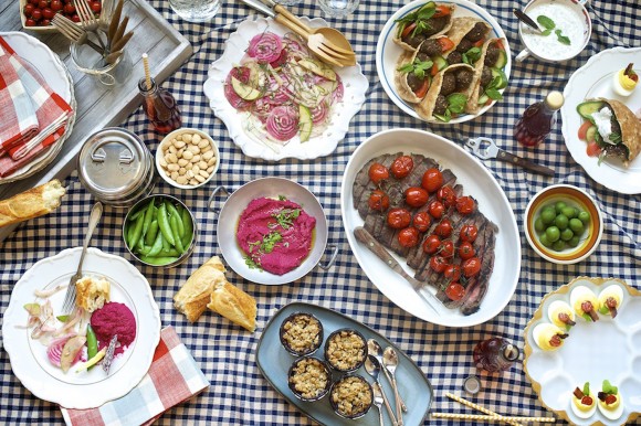 A smattering of food on a summer picnic.