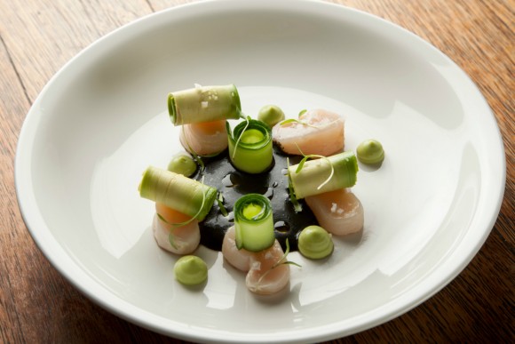 An appetizer of marinated raw scallops in 