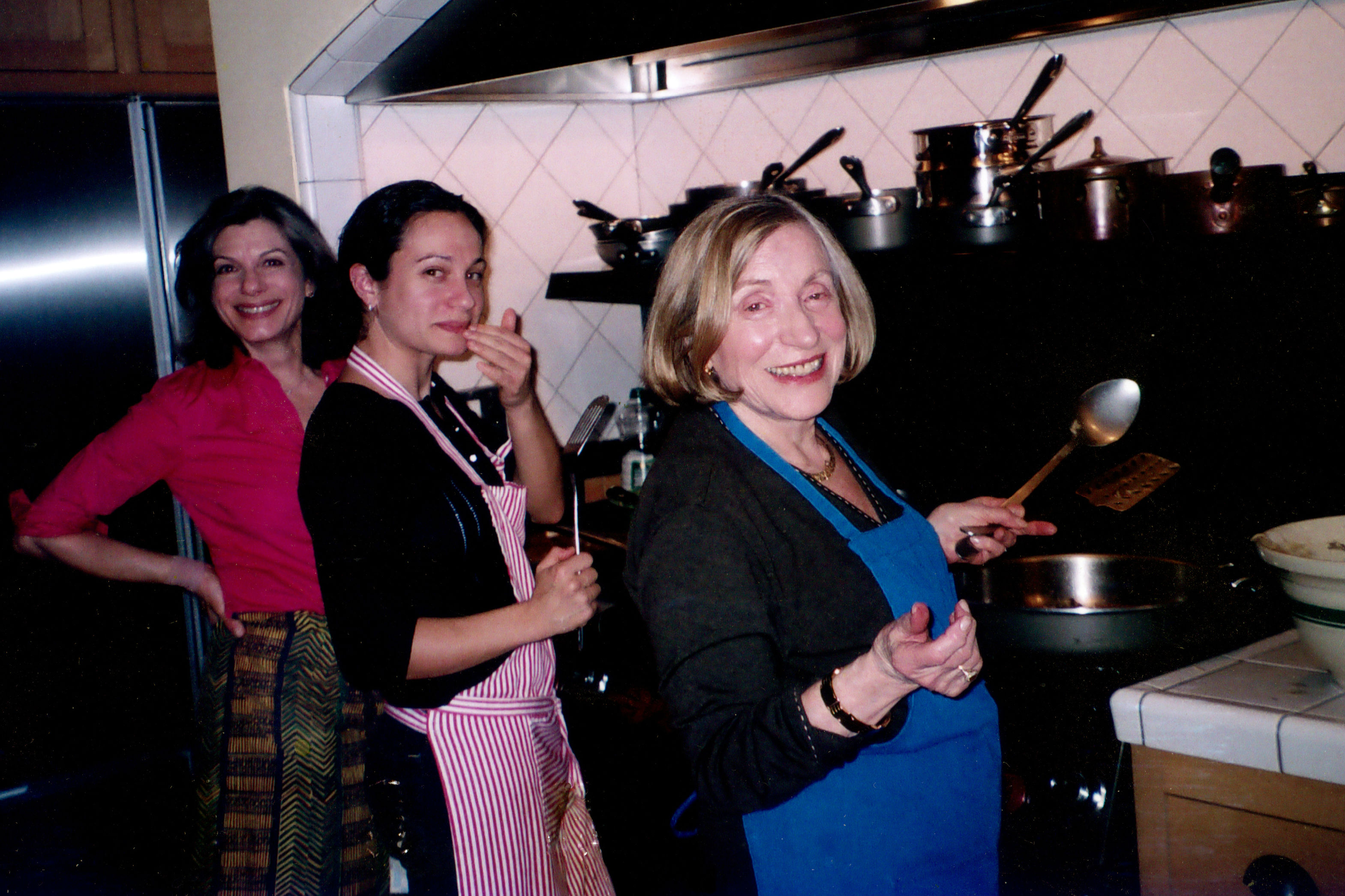Three generations make latkes. From left: Amelia Saltsman; her daughter, Rebecca Saltsman; and Saltsman’s mother, Serilla Ben-Aziz. Credit: Photo courtesy of Amelia Saltsman