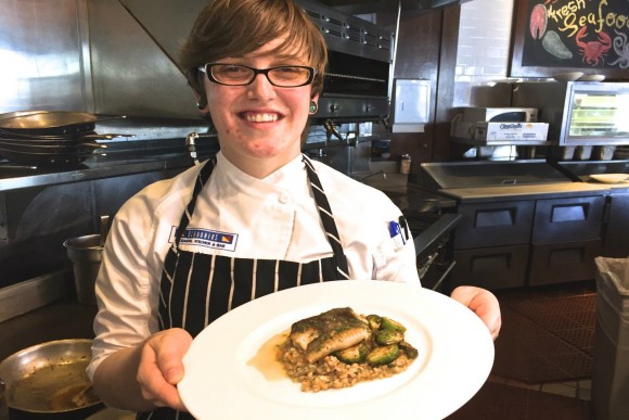 Chef Nicole Heaney shows her sablefish with apple puree, Brussels sprouts and farro risotto. Credit: Copyright 2015 David Latt