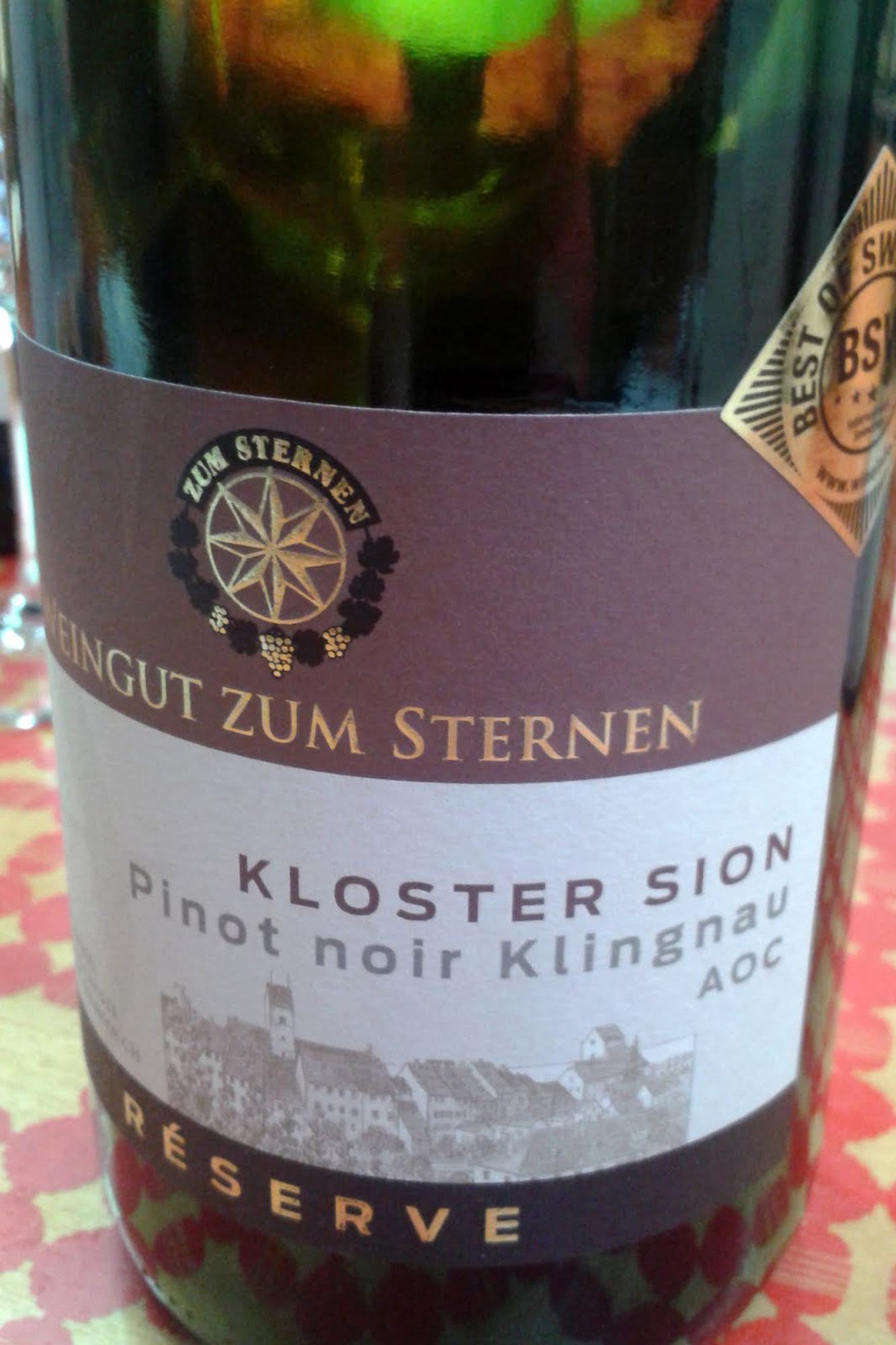 The Weingut zum Sternen's award-winning Pinot Noir from Würenlingen, Aargau, Switzerland. Credit: Copyright 2015 Sue Style