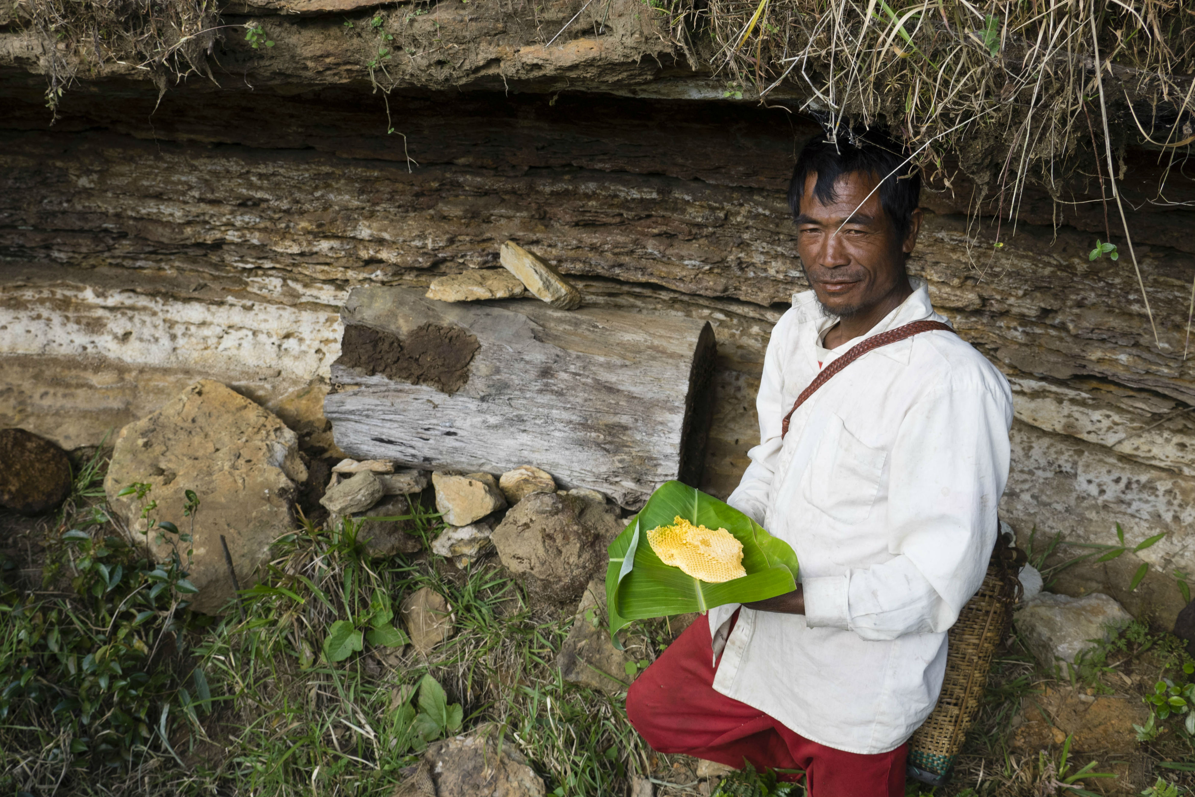 Beekeeper Shahjop Khongiong shows his unusual beehive, made of a hollowed trunk.Credit: Copyright 2015 Carla Capalbo