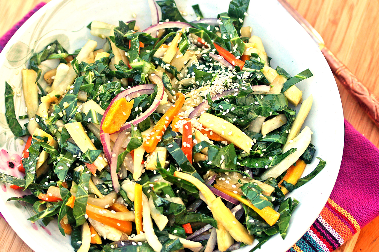 Collard Green and Roasted Root Vegetable Slaw. Credit: Copyright 2015 Rinku Bhattacharya