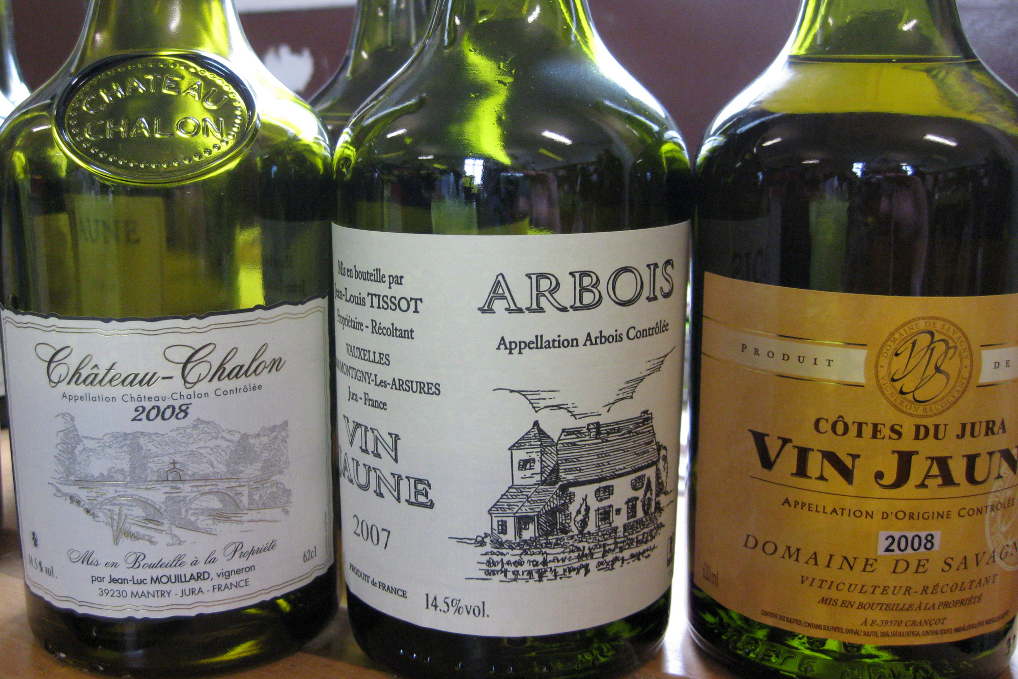 Selected bottles of Vin Jaune assembled for tasting at the 2015 Percée. Credit: Copyright 2016 Sue Style