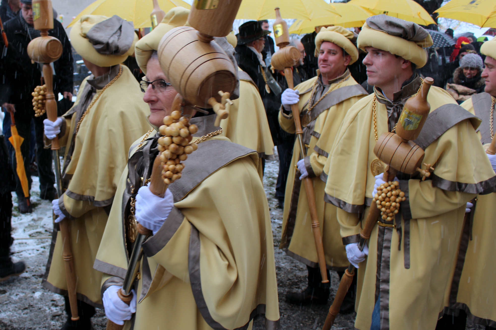 Members of Les Ambassadeurs des Vins Jaunes, elegantly clad in the colors of the famous wine, lead the procession at La Percée. Credit: Copyright 2016 Sue Style