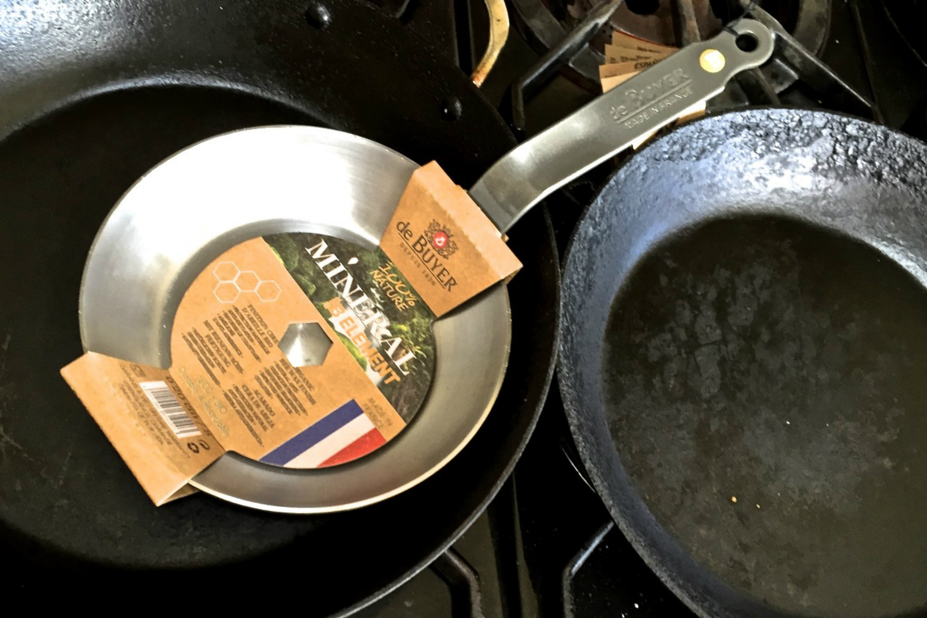One new, two tempered de Buyer Carbon Steel pans. Credit: Copyright 2016 David Latt