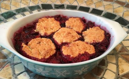 Winter Holiday Cobbler made in the newly acquired replacement Pyrex casserole dish. Credit: Copyright 2016 Barbara Haber