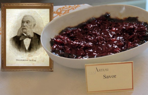 A photo of Pellegrino Artusi sits next to savor, a peasant dessert that's featured in his cookbook. Credit: Cesare Zucca.