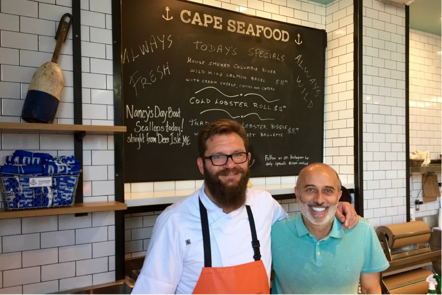 Chef Michael Cimarusti, left, and Donato Poto, partners in Cape Seafood and Provisions, on opening day, March 23, 2016. Credit: Copyright 2016 Zester Media