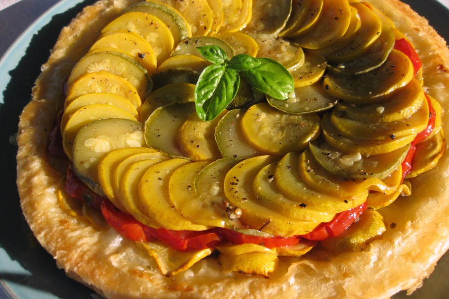 Tatin of Summer Squash and/or Zucchini, Tomatoes and Anchovies. Credit: Copyright 2016 Sue Style