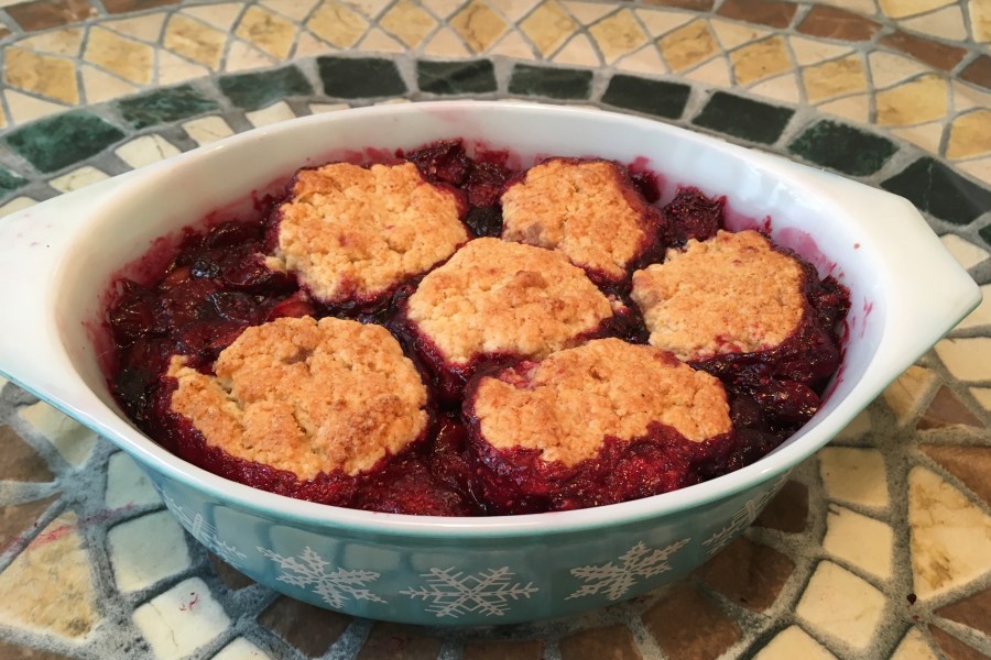 Winter Holiday Cobbler made in the newly acquired replacement Pyrex casserole dish. Credit: Copyright 2016 Barbara Haber